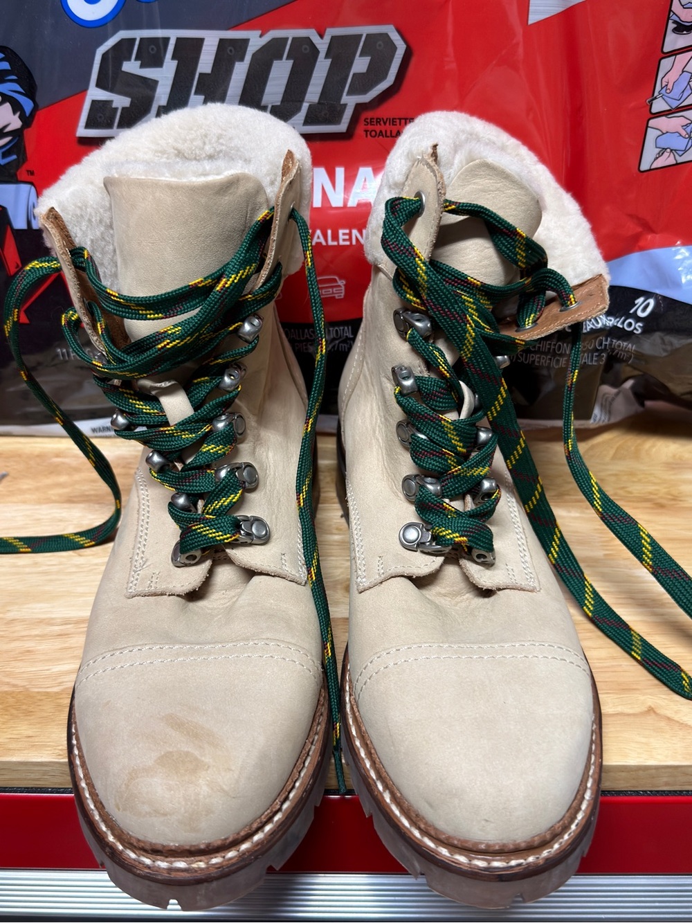 Frye Beige Suede Ankle Boots with Green and Yellow-Accent Laces